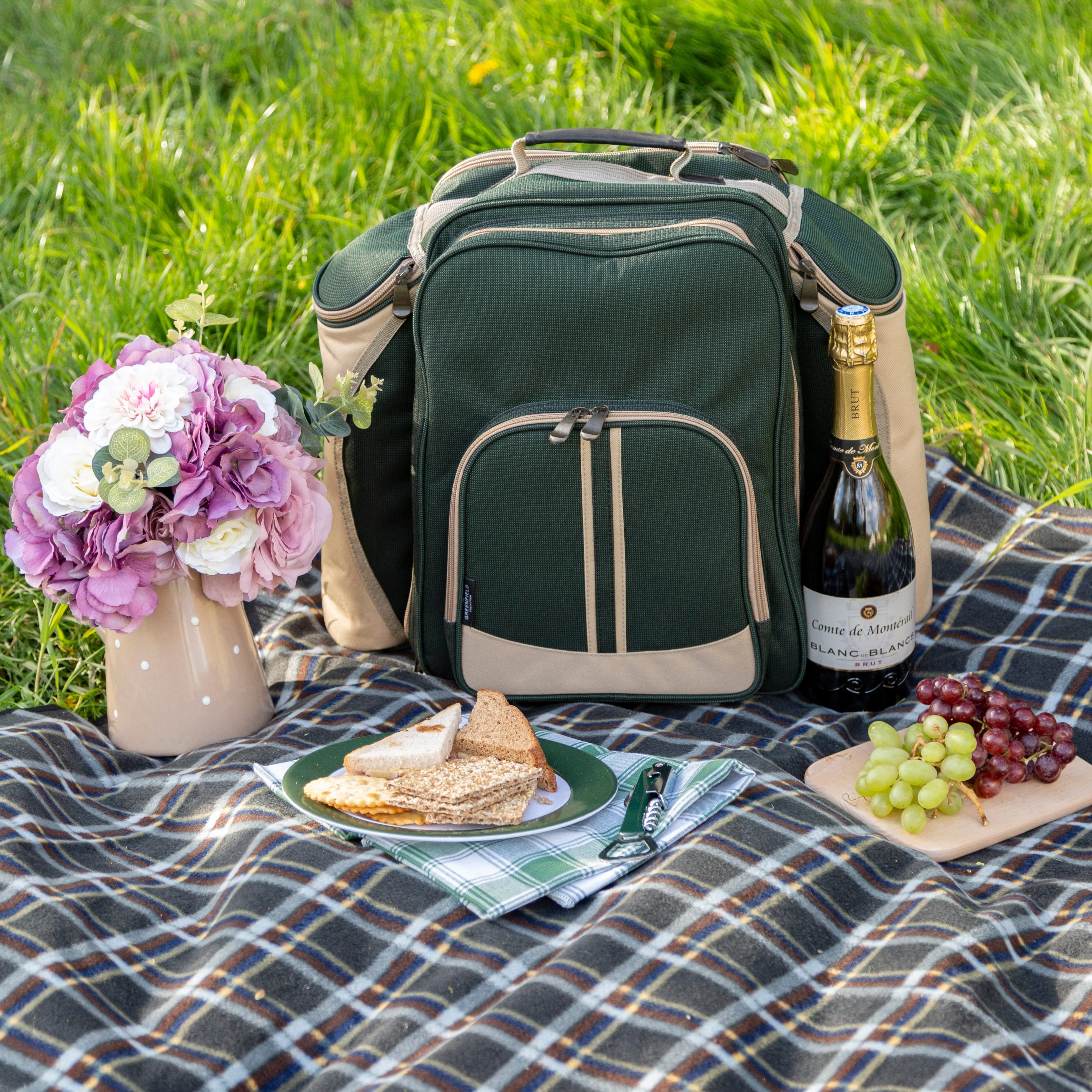 Deluxe Picnic Backpack Hamper for Two People with Matching Picnic Blanket