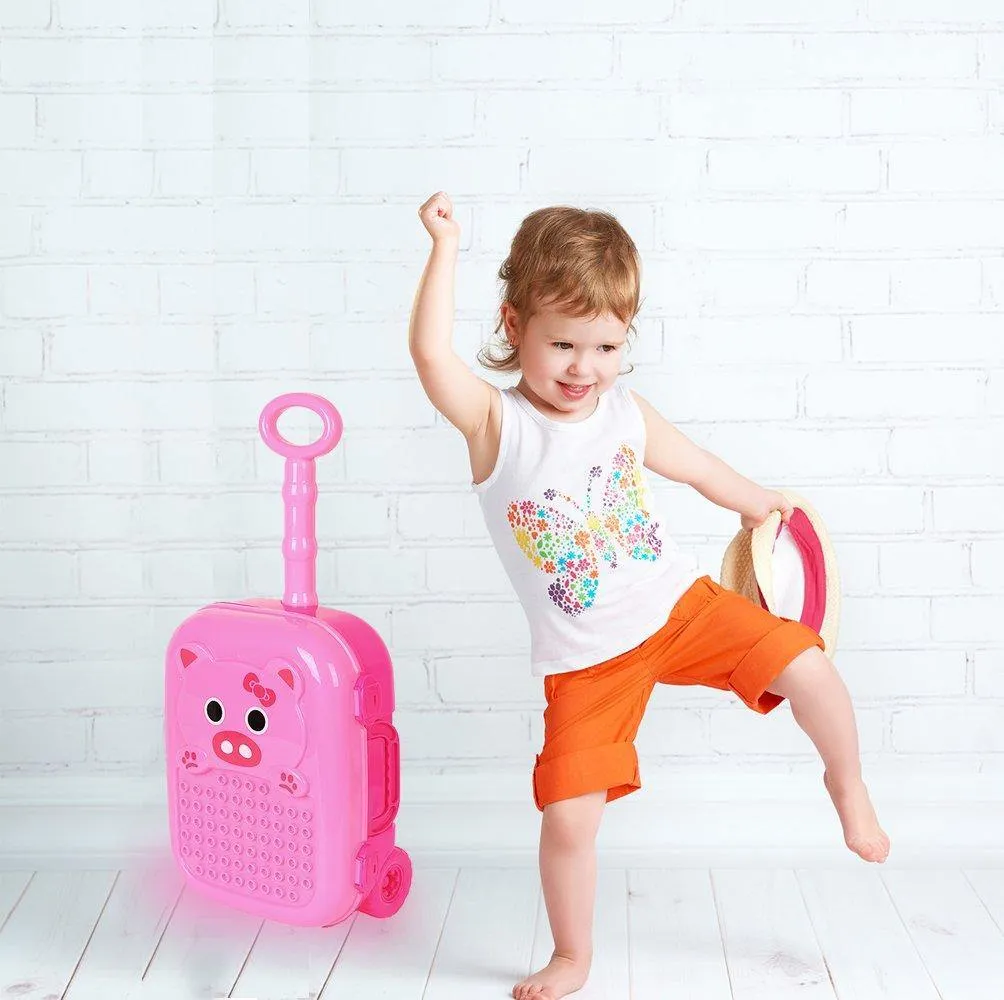 DIY Educational Blocks Baby Travel Case Plastic Rolling Luggage for Toddler