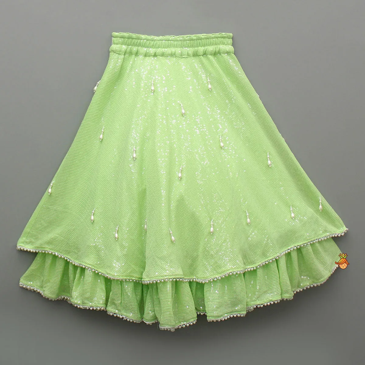 Dual Tone Embellished Embroidered Top And Green Lehenga With Matching Potli Bag