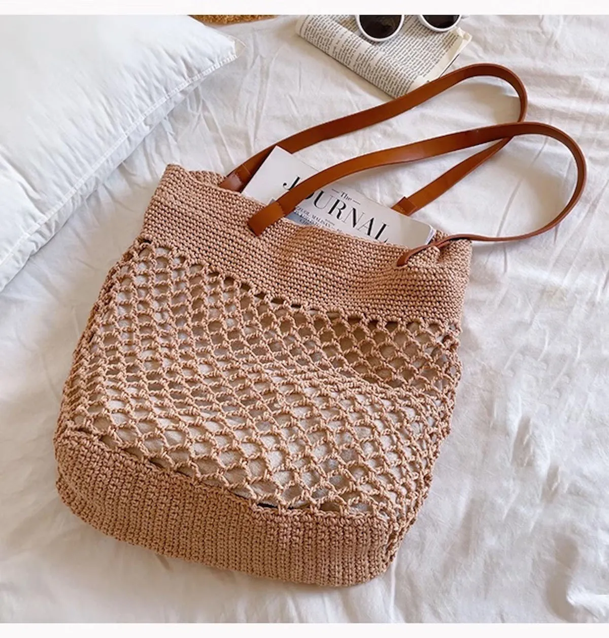 Elena Handbags Retro Fish Net Cotton Knitted Shoulder Bag with Leather Straps