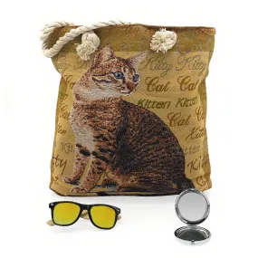 Empire Cove Womens 3 Piece Gift Set Cat Beach Tote Bag Sunglasses Mirror Travel