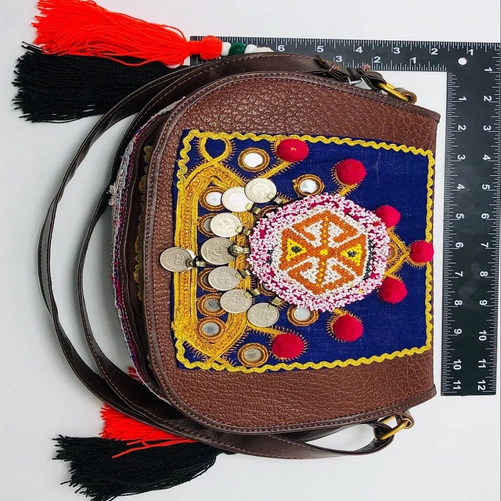 Ethnic Handmade Cross Bag Embellished With Laces, Coins and Beads