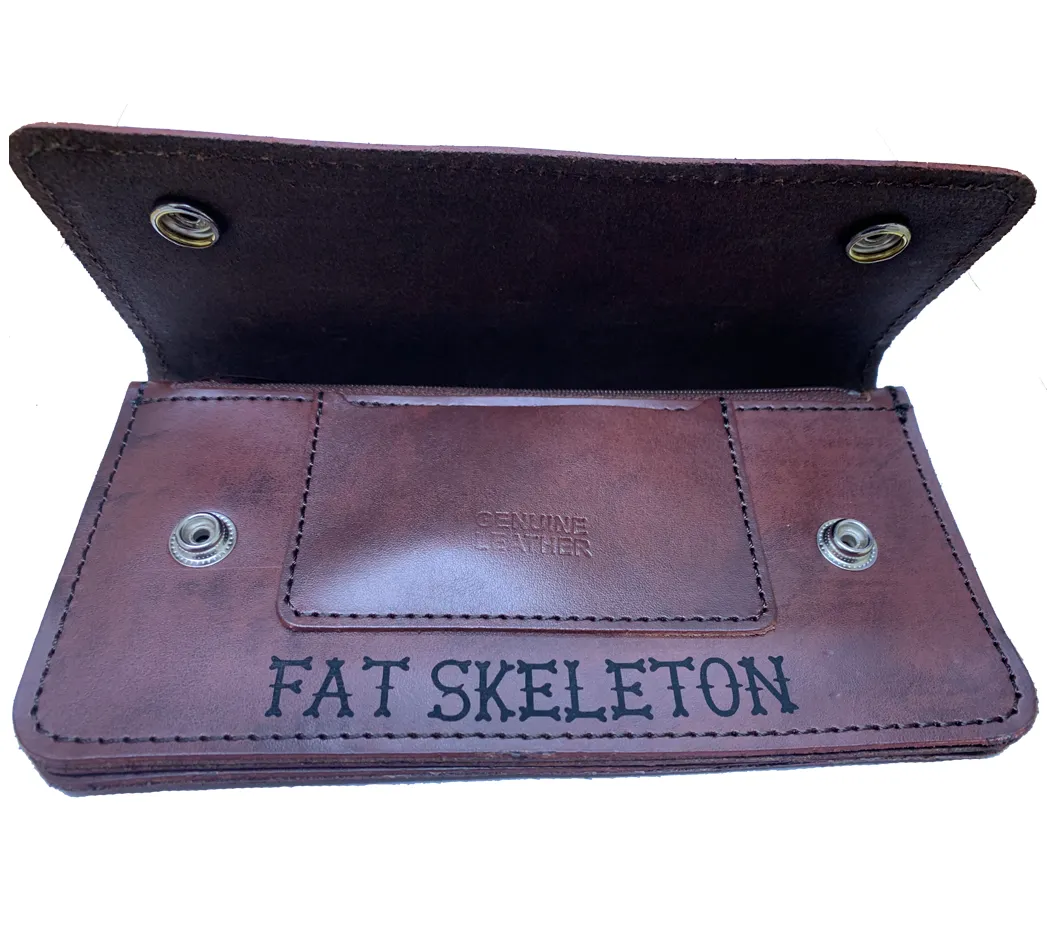 Fat Skeleton Large Brown Leather Bi Fold Wallet Chain & Belt Loop /Clip