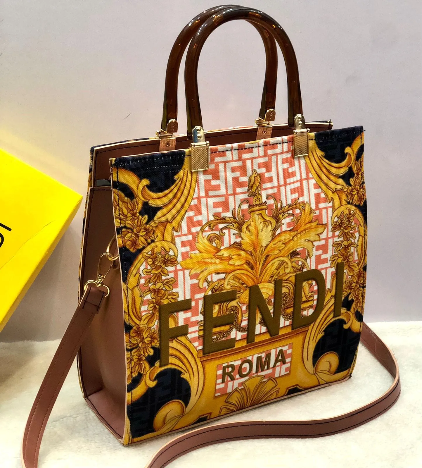 Fendi Roma Ladies Handbag - New Arrival - Masterpiece (Yellow / Brown)