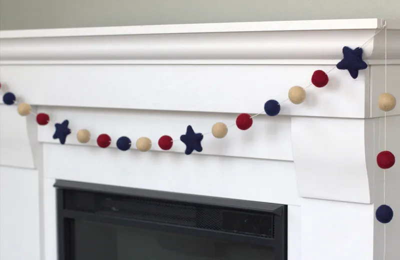 Fourth of July Felt Ball & Star Garland- Burgundy, Navy, Almond