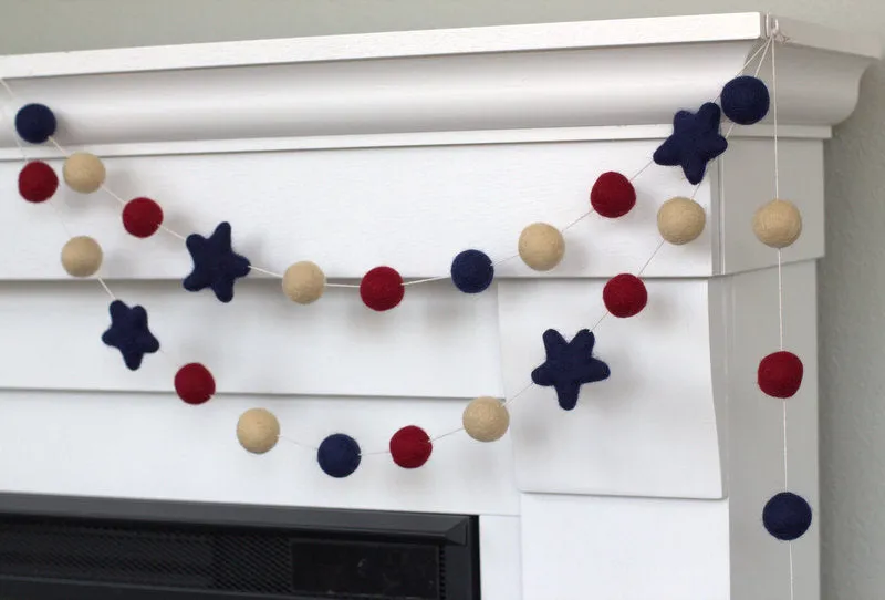 Fourth of July Felt Ball & Star Garland- Burgundy, Navy, Almond