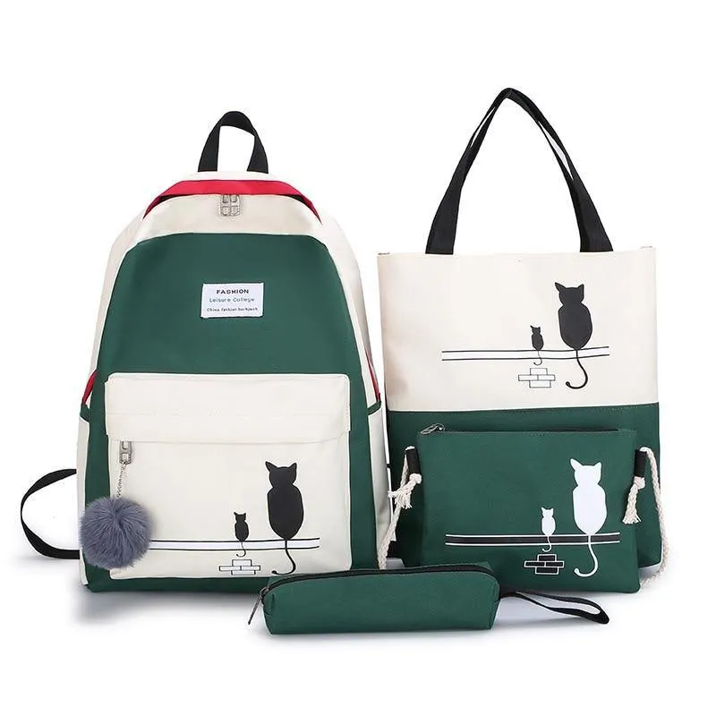 FUNMARDI 4Pcs/Set Canvas Cat Pattern School Bag