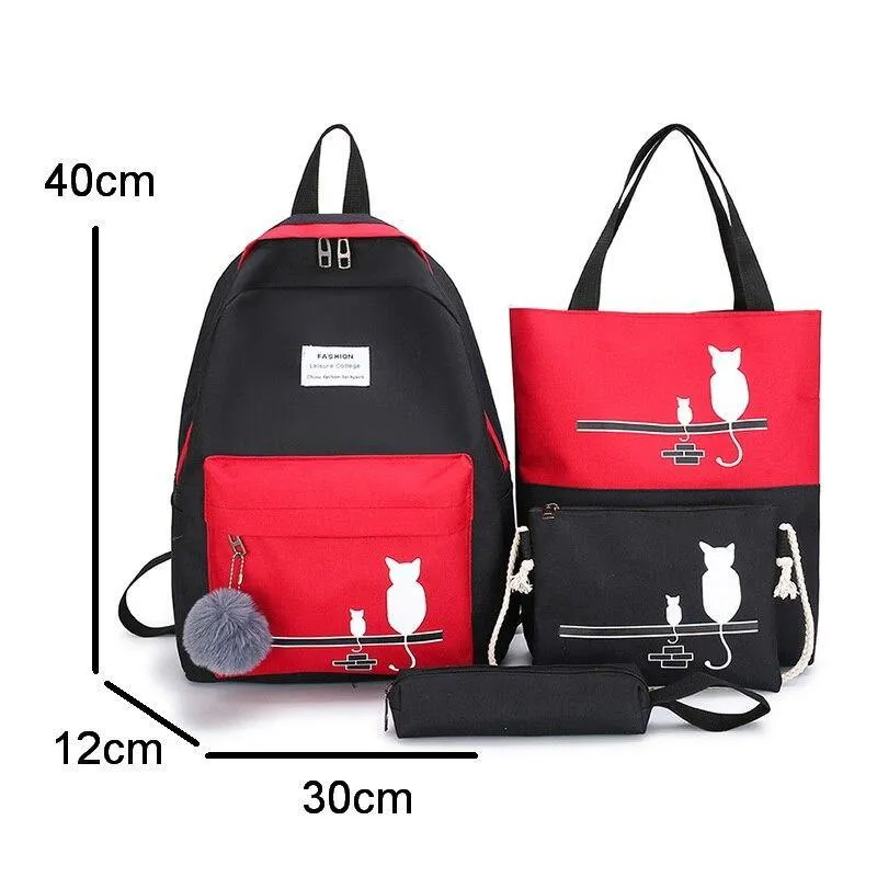 FUNMARDI 4Pcs/Set Canvas Cat Pattern School Bag