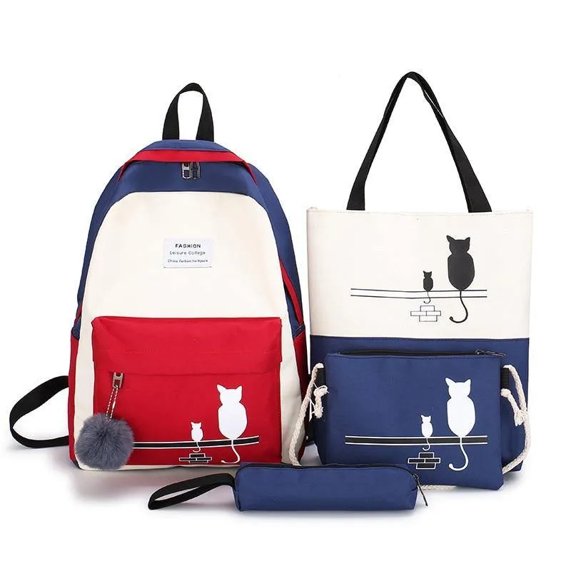 FUNMARDI 4Pcs/Set Canvas Cat Pattern School Bag