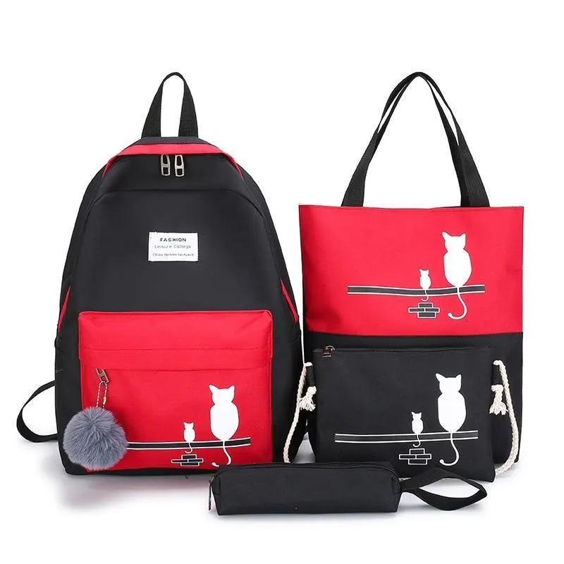 FUNMARDI 4Pcs/Set Canvas Cat Pattern School Bag