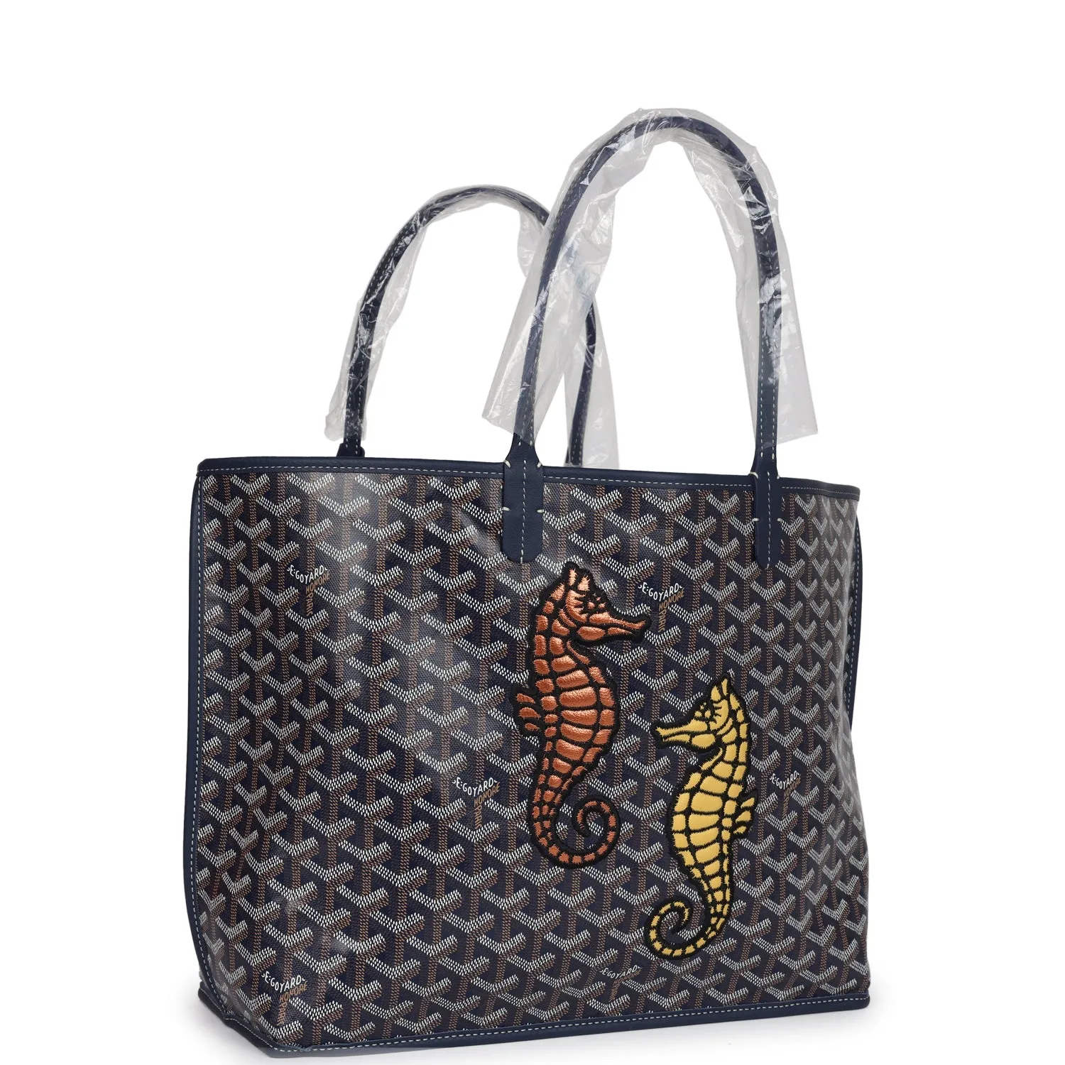 Goyard Goyardine Navy Blue Anjou PM Embroidered Seahorse Bag Palladium Hardware