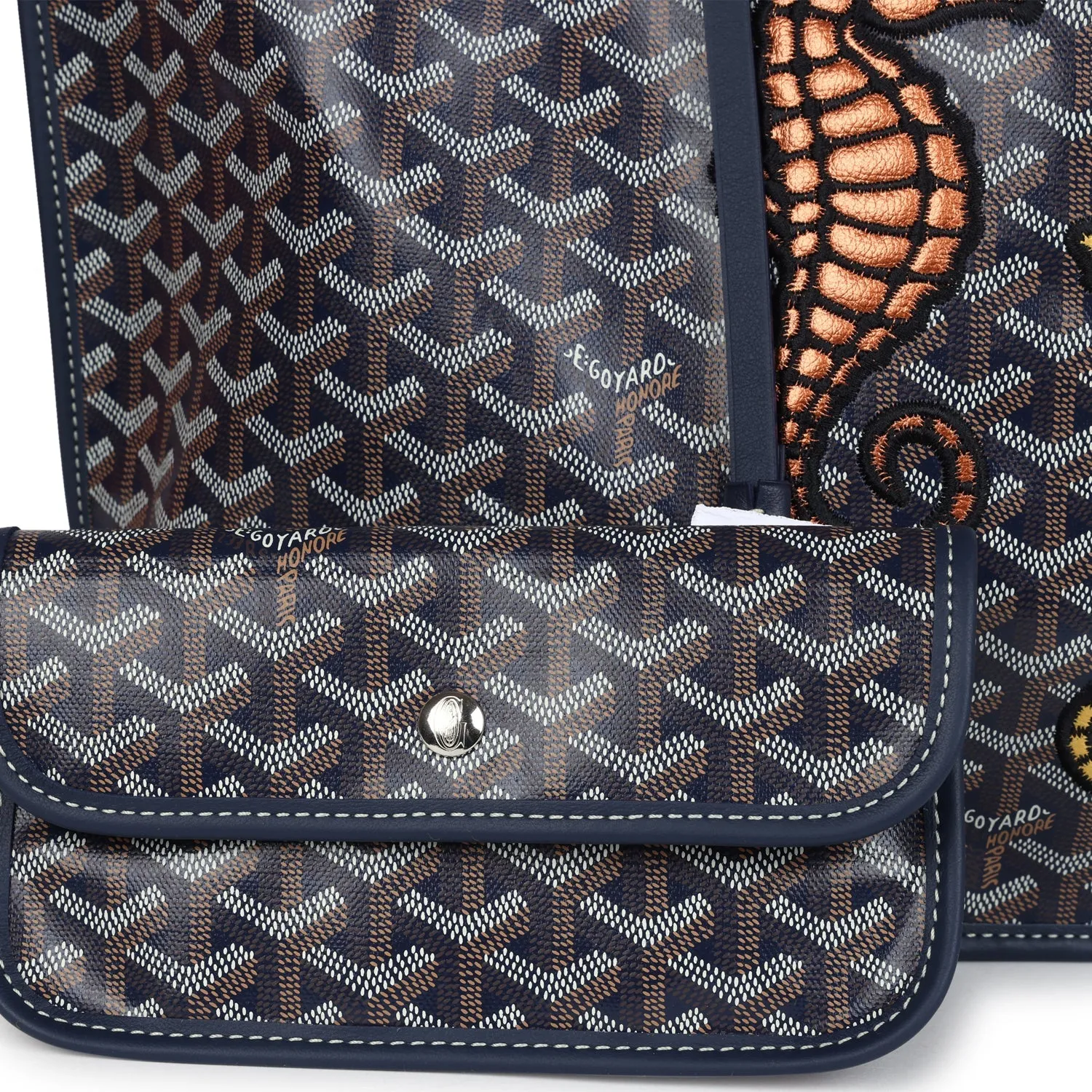 Goyard Goyardine Navy Blue Anjou PM Embroidered Seahorse Bag Palladium Hardware