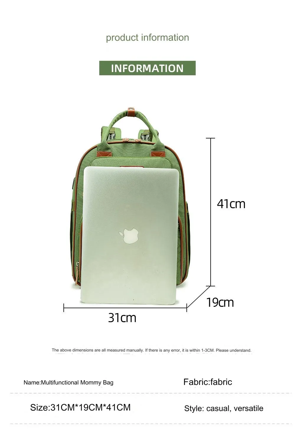 Green Baby Nappy Diaper Backpack, Foldable Stroller Bag  USB Changing Bags Mosquito Net 4122