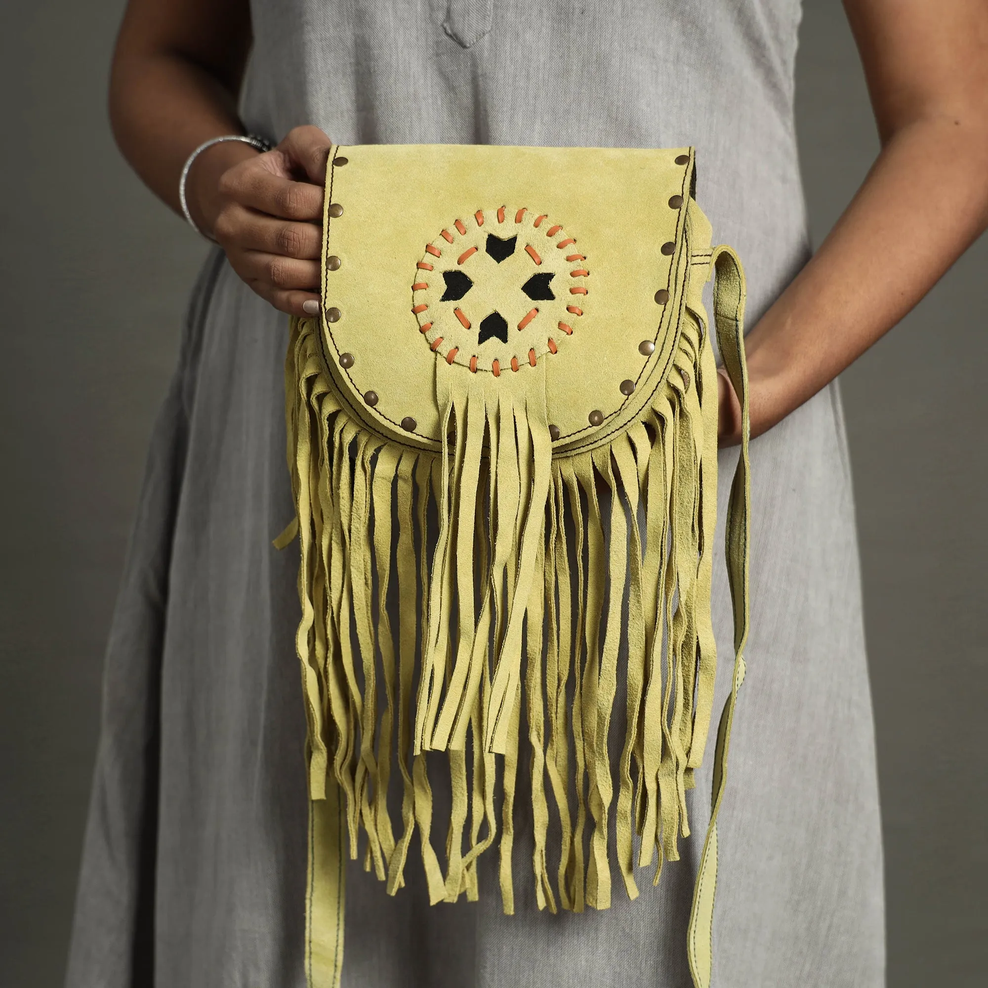 Green - Handcrafted Suede Leather Fringe Sling Bag