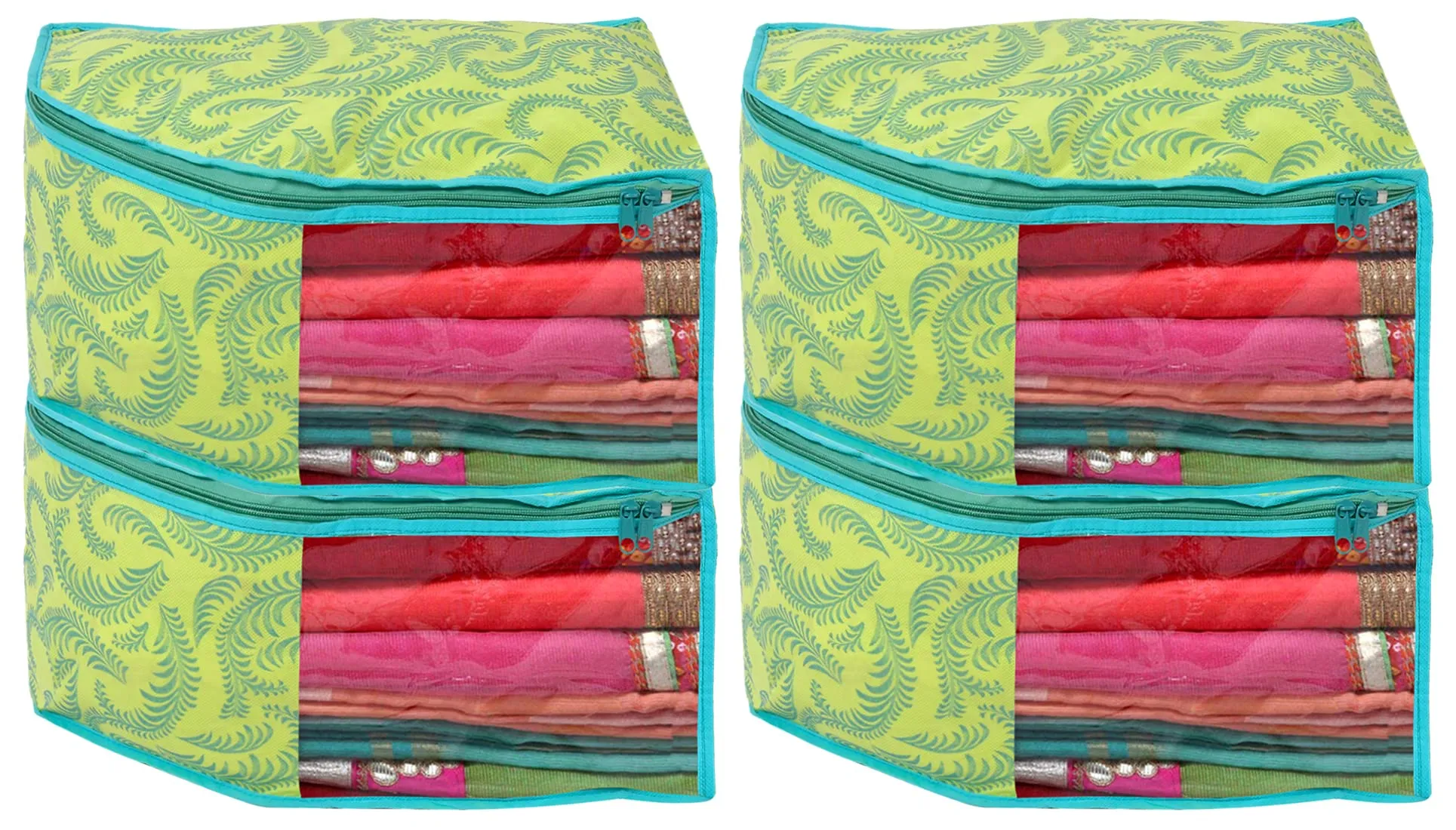 Heart Home Leaf Printed Non-Woven Blouse Cover Wardrobe Organiser Clothes Storage Bag With Front Window- Pack of 4 (Green)-44HH0532