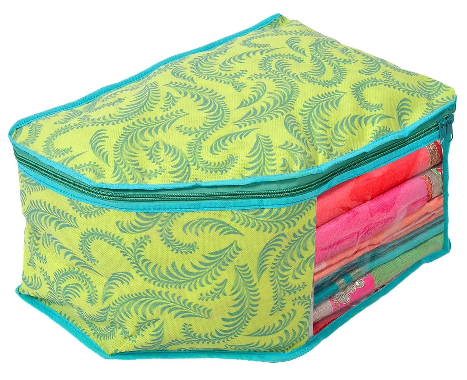 Heart Home Leaf Printed Non-Woven Blouse Cover Wardrobe Organiser Clothes Storage Bag With Front Window- Pack of 4 (Green)-44HH0532