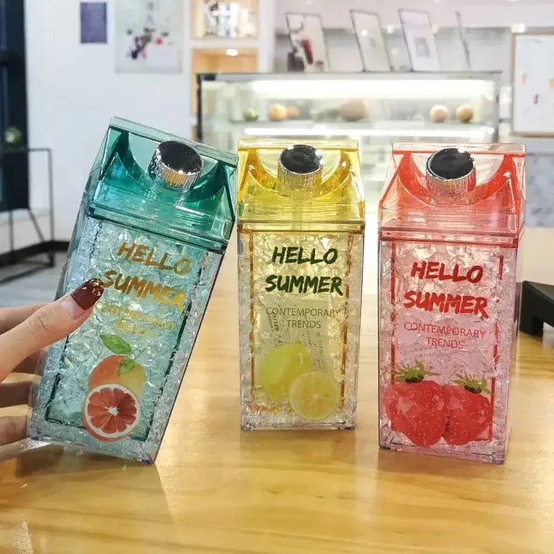 Hello Summer Water Bottle, Double Straw Cold Drink Cup, Creative Milk Box Style Water Bottle, Outdoor Thermos Cup, Summer Glass Drinking Water Bottle