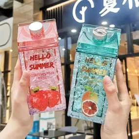 Hello Summer Water Bottle, Double Straw Cold Drink Cup, Creative Milk Box Style Water Bottle, Outdoor Thermos Cup, Summer Glass Drinking Water Bottle