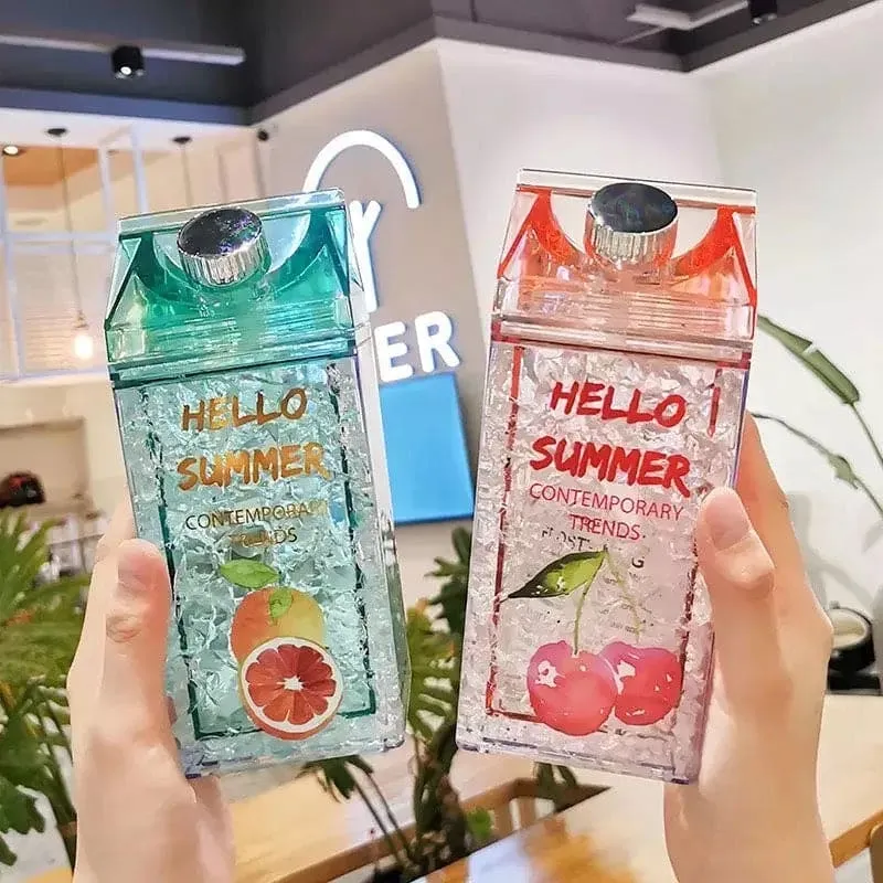 Hello Summer Water Bottle, Double Straw Cold Drink Cup, Creative Milk Box Style Water Bottle, Outdoor Thermos Cup, Summer Glass Drinking Water Bottle