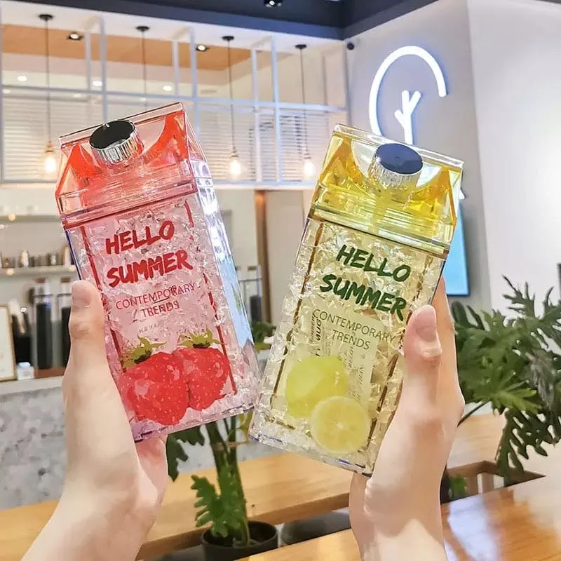 Hello Summer Water Bottle, Double Straw Cold Drink Cup, Creative Milk Box Style Water Bottle, Outdoor Thermos Cup, Summer Glass Drinking Water Bottle