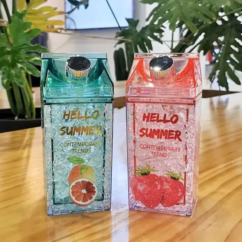 Hello Summer Water Bottle, Double Straw Cold Drink Cup, Creative Milk Box Style Water Bottle, Outdoor Thermos Cup, Summer Glass Drinking Water Bottle