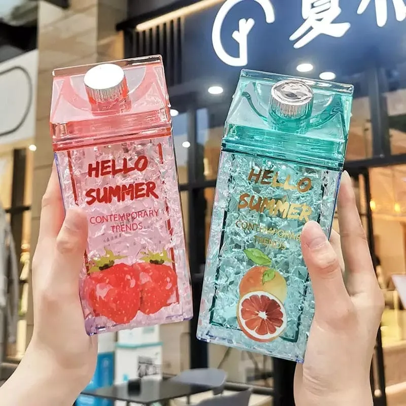 Hello Summer Water Bottle, Double Straw Cold Drink Cup, Creative Milk Box Style Water Bottle, Outdoor Thermos Cup, Summer Glass Drinking Water Bottle