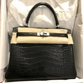 Hermès Kelly 25 Noir (Black) Alligator Mississippi Matte Palladium Hardware PHW