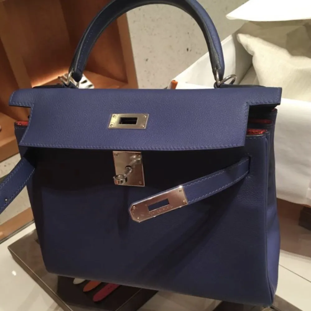 Hermès Kelly 28 Bleu Brighton/Capucine Evercolor Palladium Hardware PHW