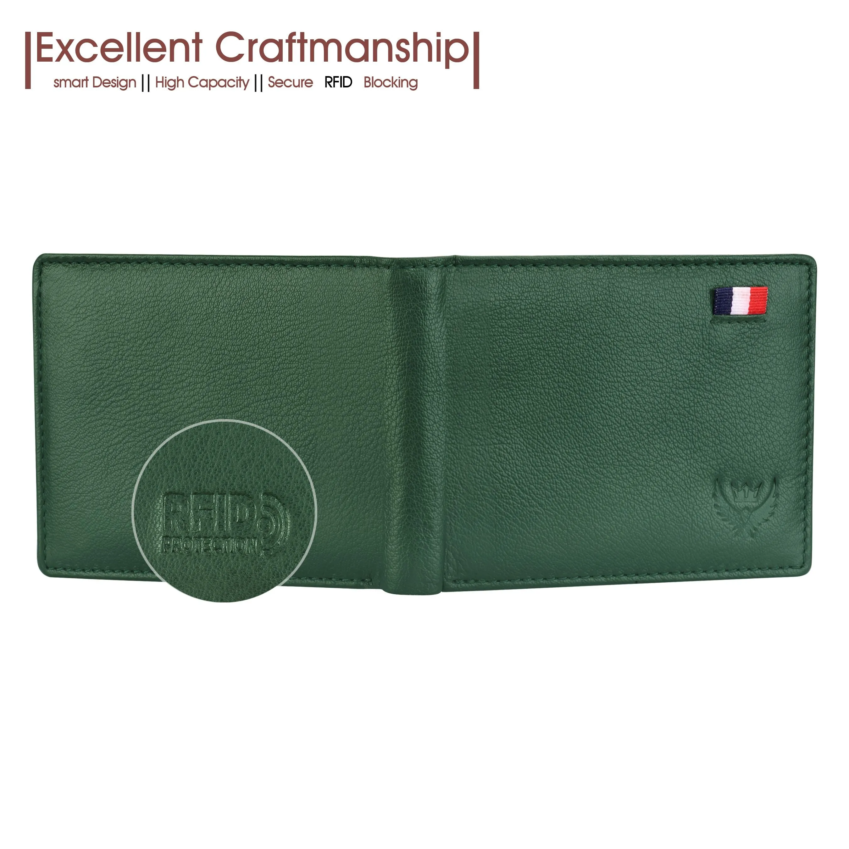 India Forest Green Genuine Leather RFID Protected Large Capacity Wallet for Men