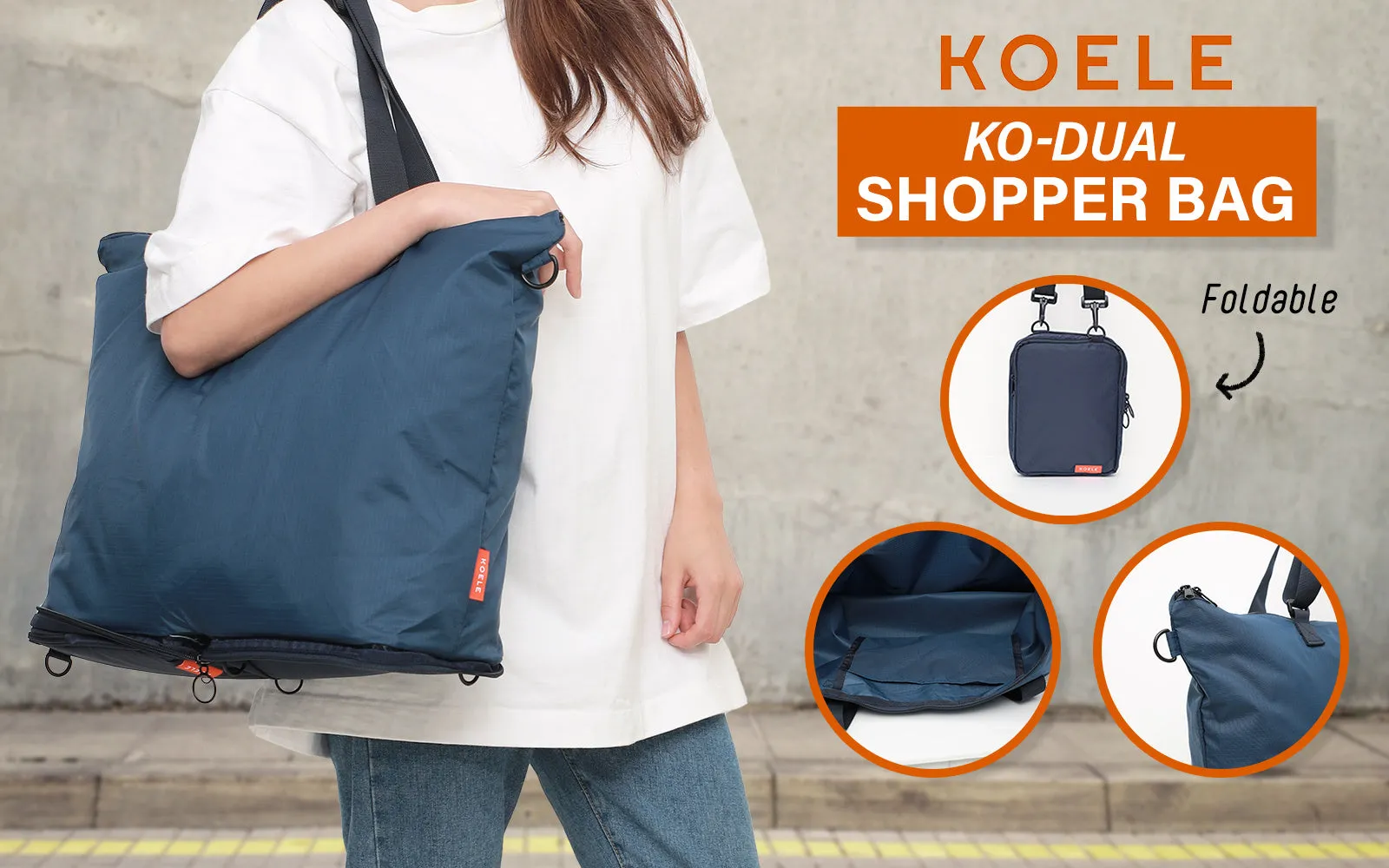 KOELE Navy Shopper Bag Tote Bag Foldable Travel Laptop Grocery KO-DUAL