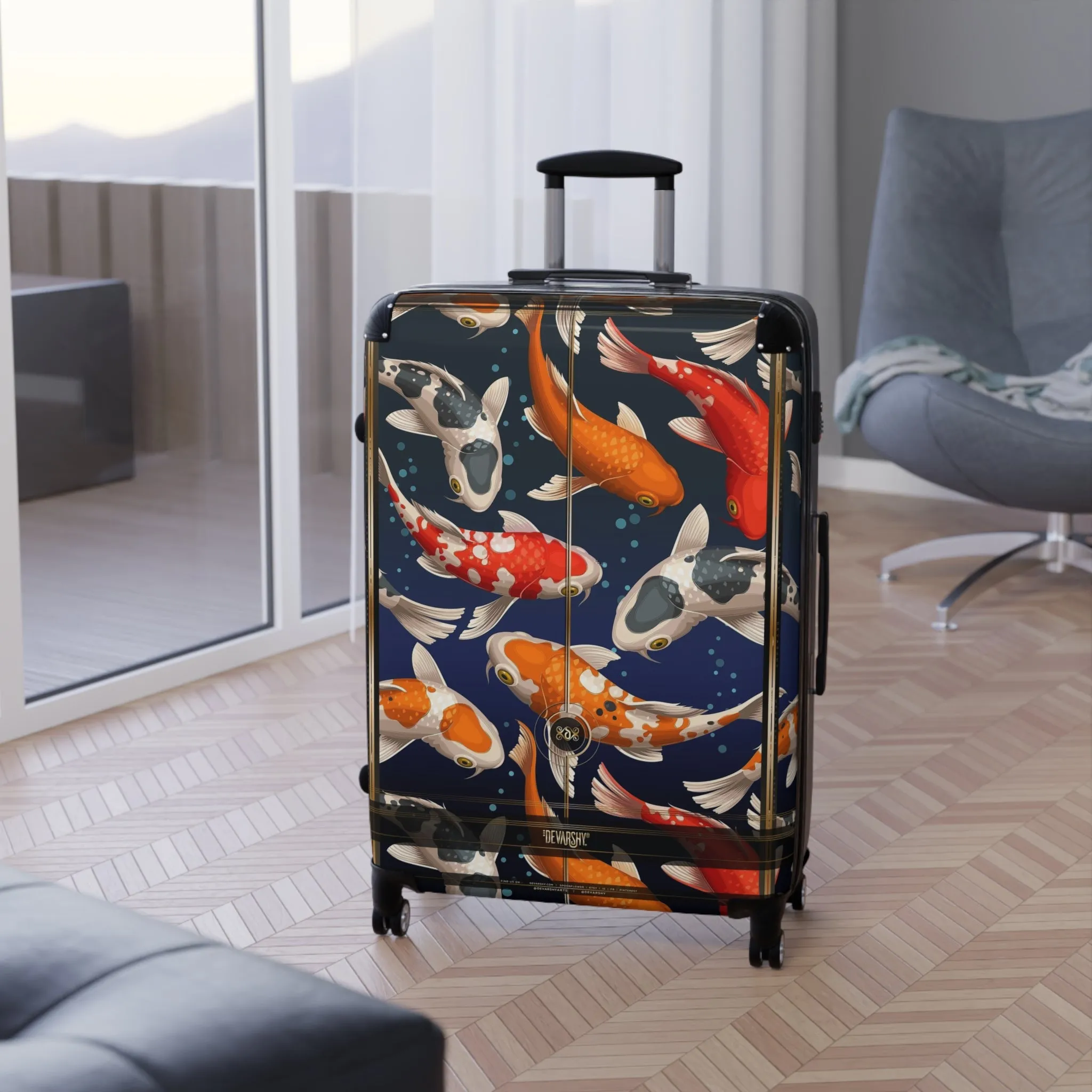 Koi Fish Print Suitcase Carry-on Suitcase Fish Print Luggage Good Vibes Hard Shell Suitcase | D20018B