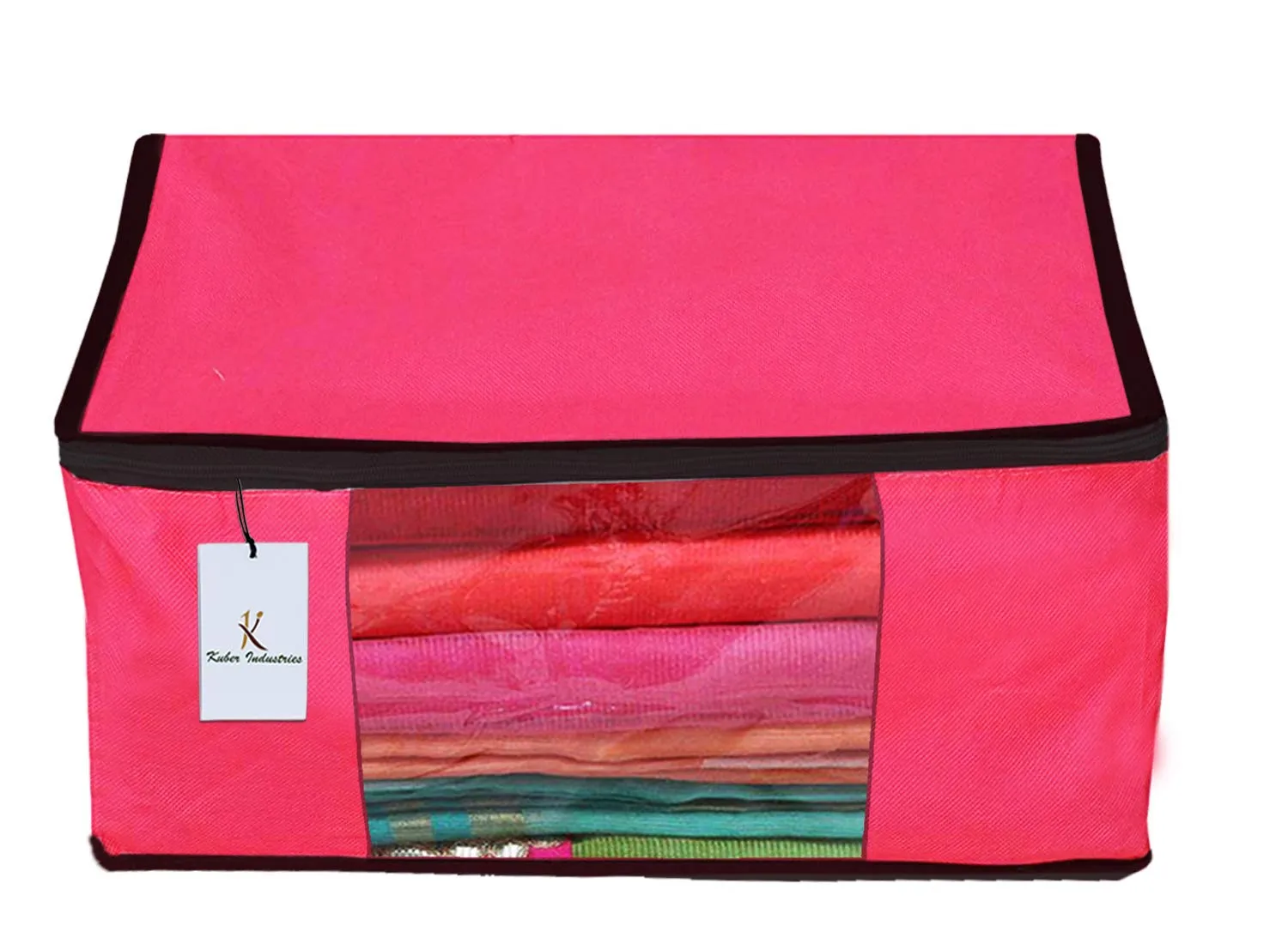 Kuber Industries 4 Piece Non Woven Fabric Saree Cover Set with Transparent Window, Extra Large, Pink-CTKTC23761