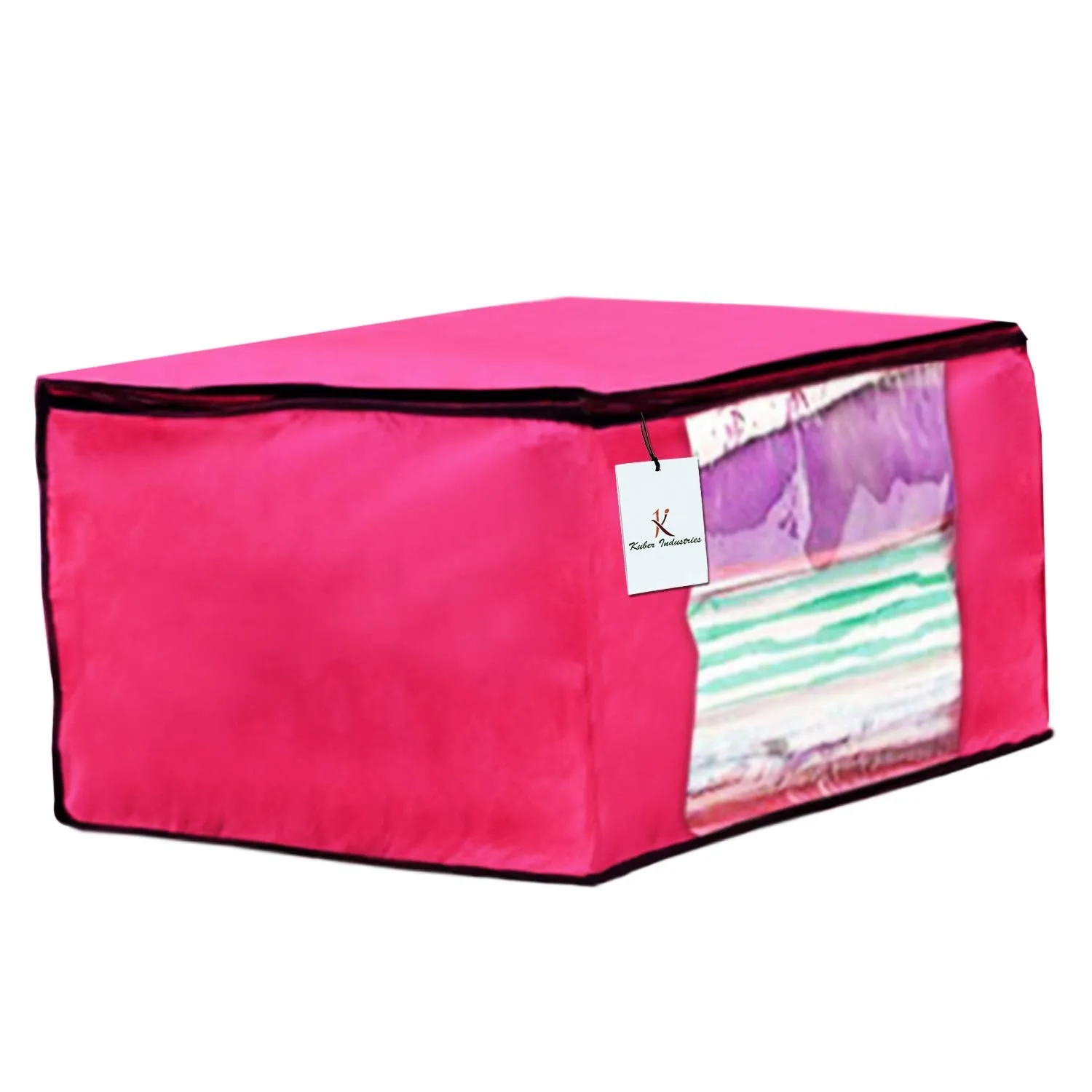 Kuber Industries 4 Piece Non Woven Fabric Saree Cover Set with Transparent Window, Extra Large, Pink-CTKTC23761