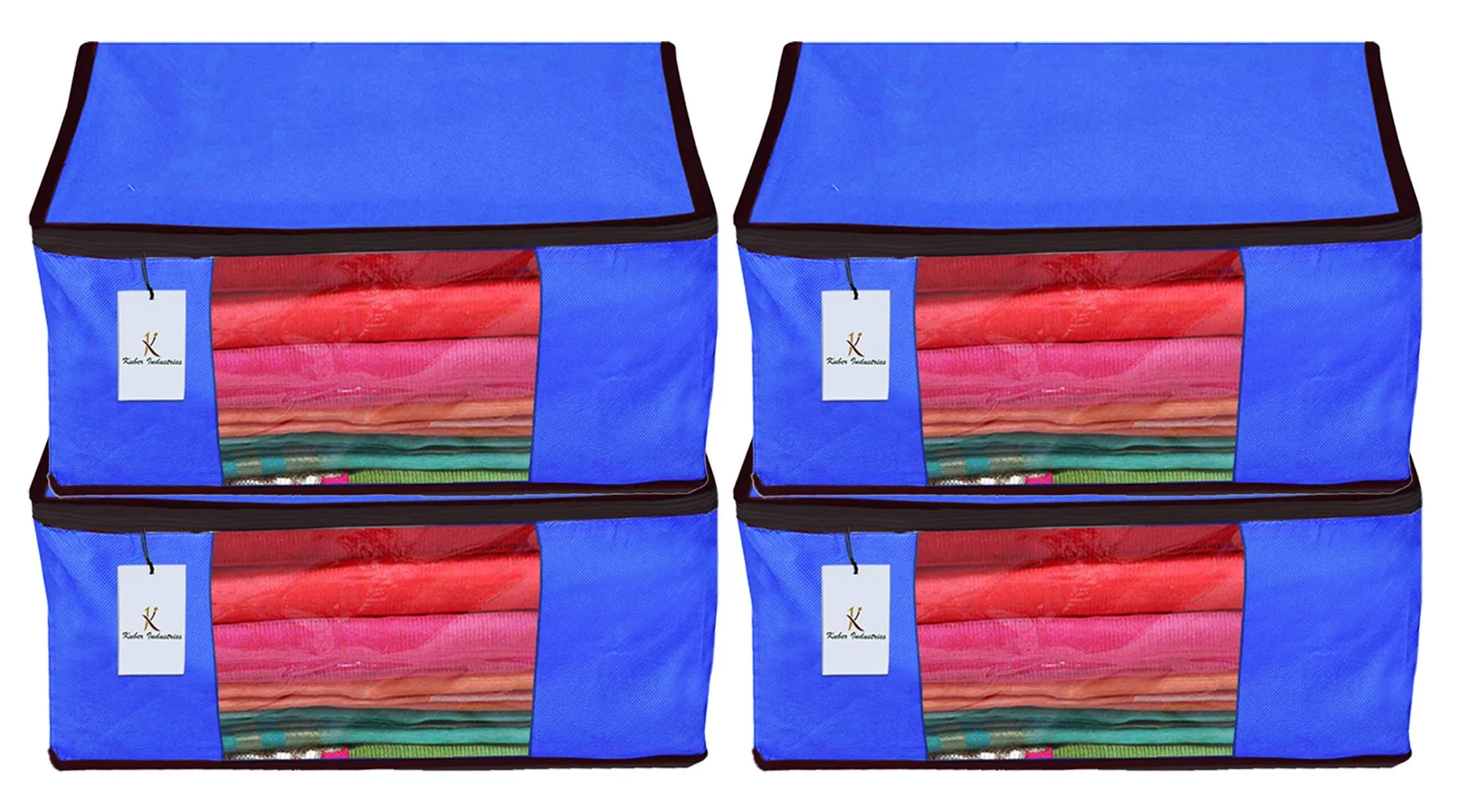 Kuber Industries 4 Piece Non Woven Fabric Saree Cover Set with Transparent Window, Extra Large, Royal Blue-CTKTC23782