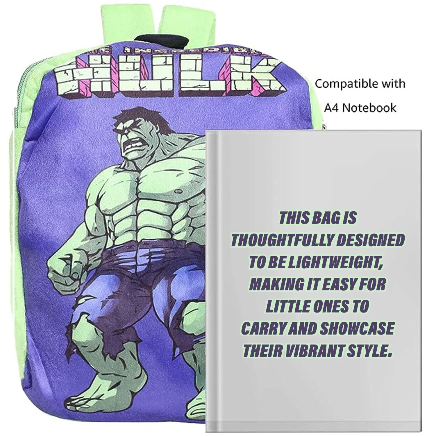 Kuber Industries Marvel Hulk School Bag | Velvet Kids School Bags | Student Bookbag | School Bag for Girls & Boys | School Backpack for Kids | 2 Compartments | Green