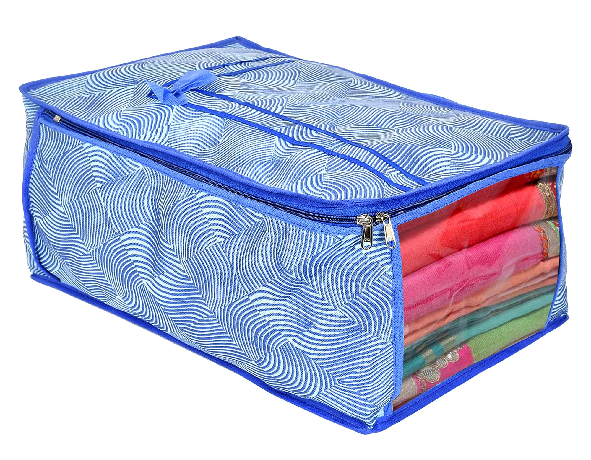 Kuber Industries Metalic LaHariya Print 3 Piece Non Woven Saree Cover And 3 Pieces Underbed Storage Bag, Storage Organiser, Blanket Cover (Blue)