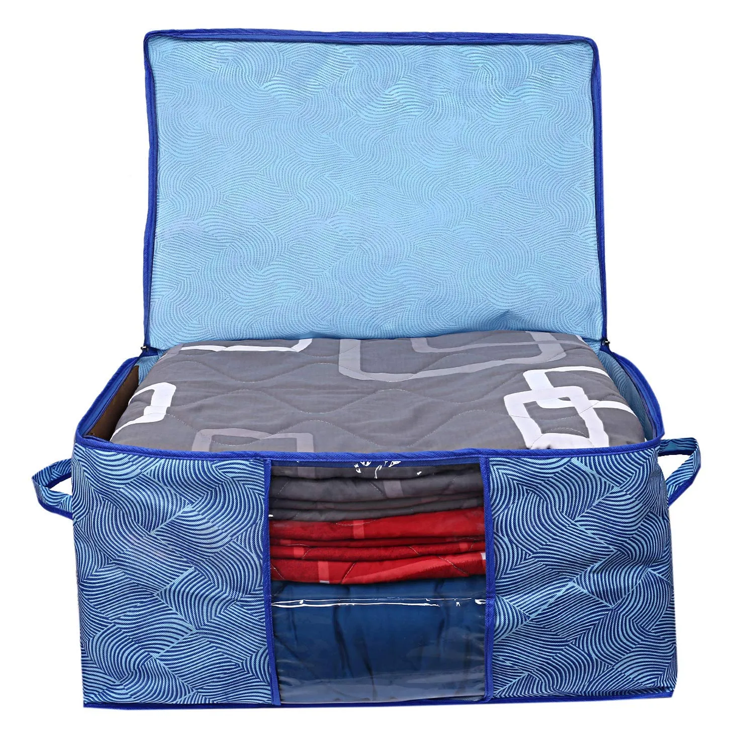 Kuber Industries Metalic LaHariya Print 3 Piece Non Woven Saree Cover And 3 Pieces Underbed Storage Bag, Storage Organiser, Blanket Cover (Blue)