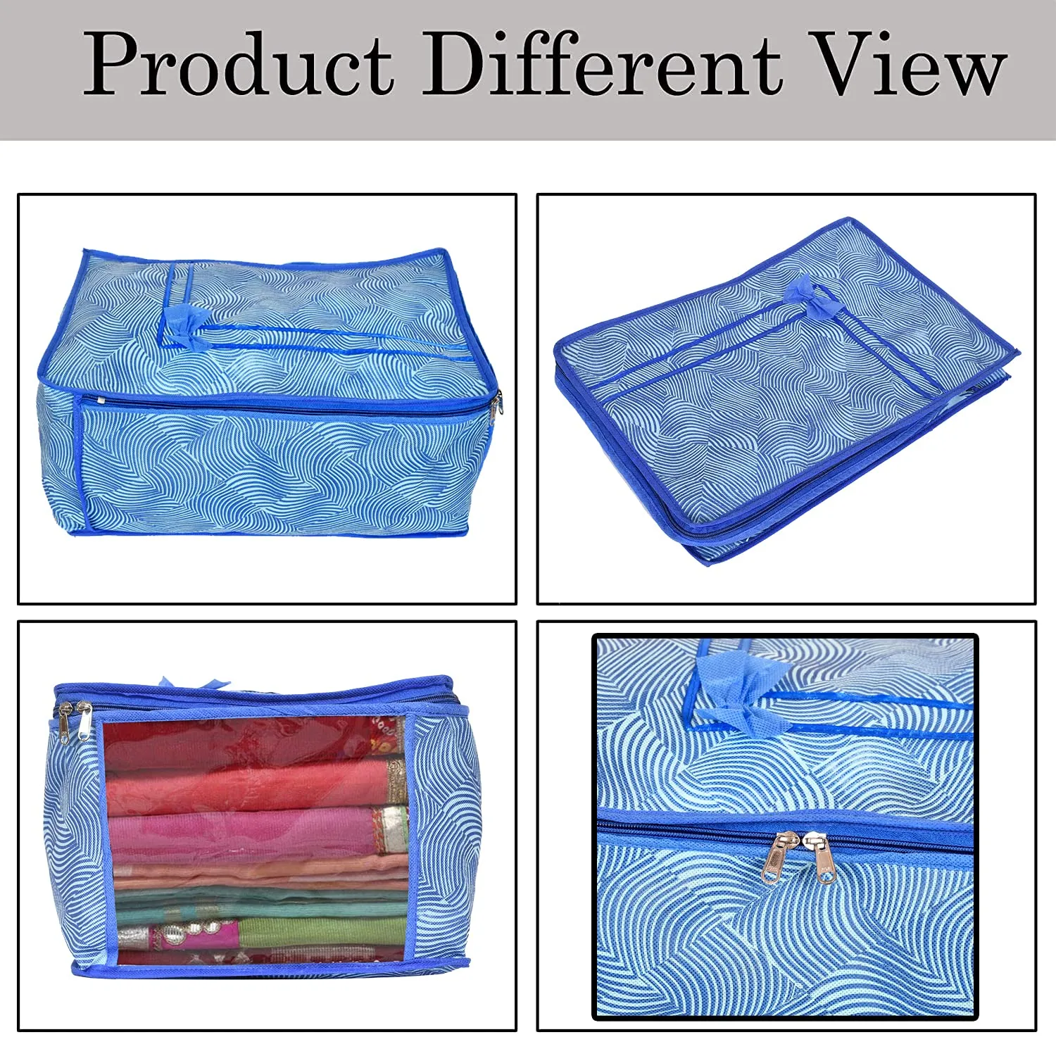 Kuber Industries Metalic LaHariya Print 3 Piece Non Woven Saree Cover And 3 Pieces Underbed Storage Bag, Storage Organiser, Blanket Cover (Blue)