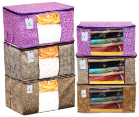 Kuber Industries Metalic Printed 3 Piece Non Woven Saree Cover and 3 Pieces Underbed Storage Bag, Storage Organiser, Blanket Cover, Pink Purple & Golden Brown & Beige -CTKTC42406