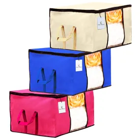 Kuber Industries Rectangular Underbed Organizer Storage Bag, Blanket Cover Set of 3 - Extra Large Size, Ivory, Royal Blue, Pink - CTKTC23841, Standard | Practical and Spacious Storage Solution