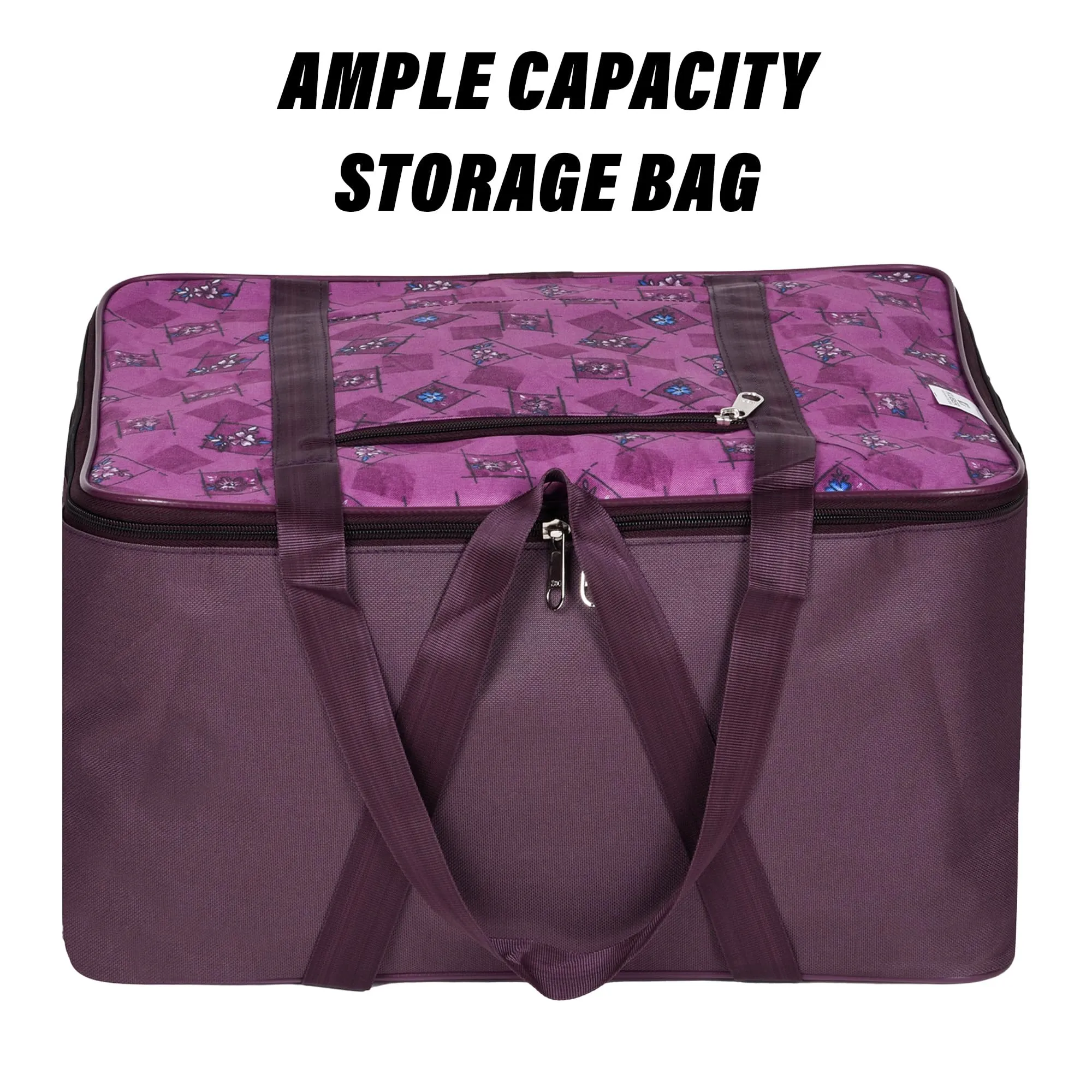 Kuber Industries Storage Bag | Clothes Storage Attachi Bag | Underbed Storage Bag | Zipper Storage Bag | Wardrobe Organizer with Handle | Travel Attachi Bag | Flower Check | Small | Purple