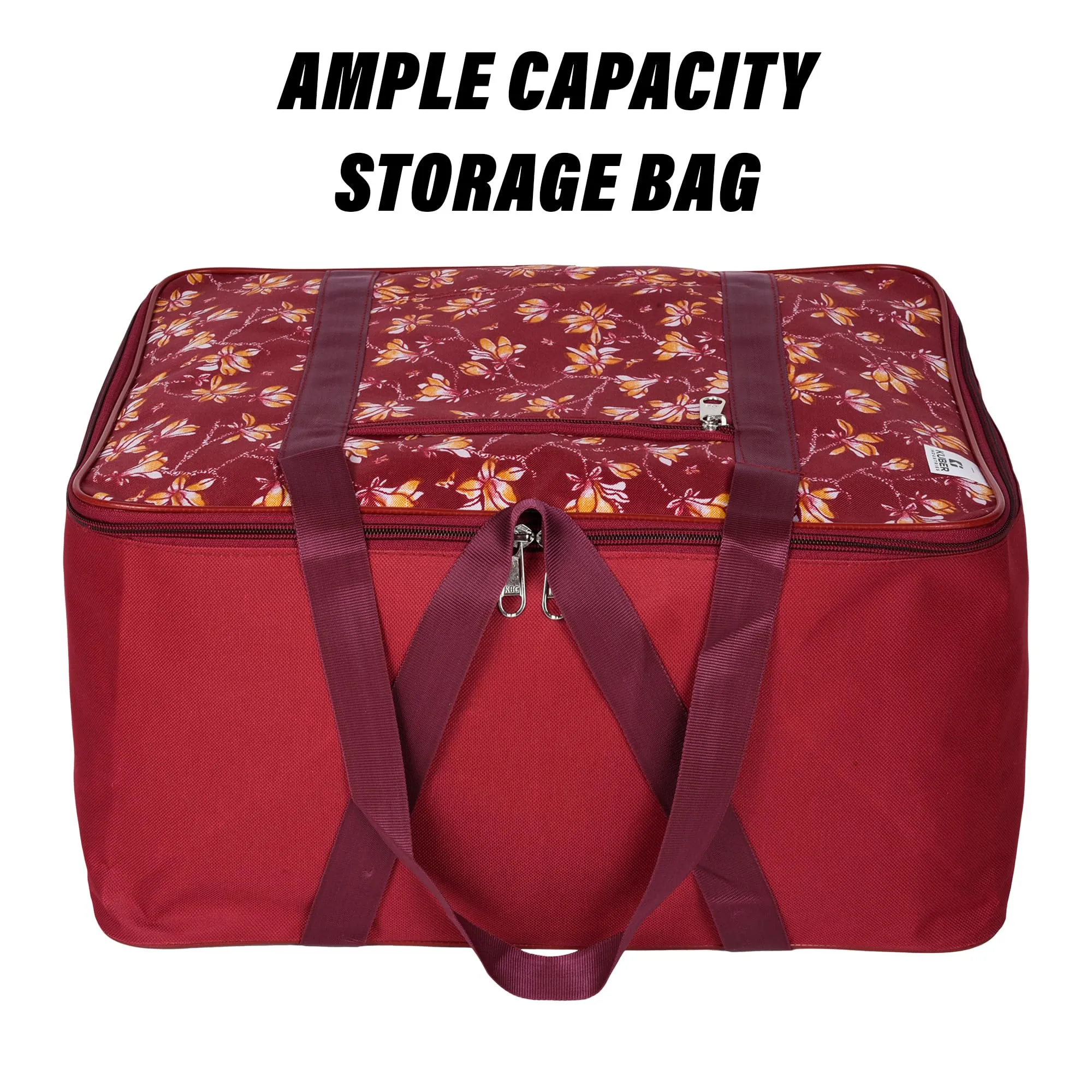 Kuber Industries Storage Bag | Clothes Storage Attachi Bag | Underbed Storage Bag | Zipper Storage Bag | Wardrobe Organizer with Handle | Travel Attachi Bag | Flower-Print | Large | Maroon