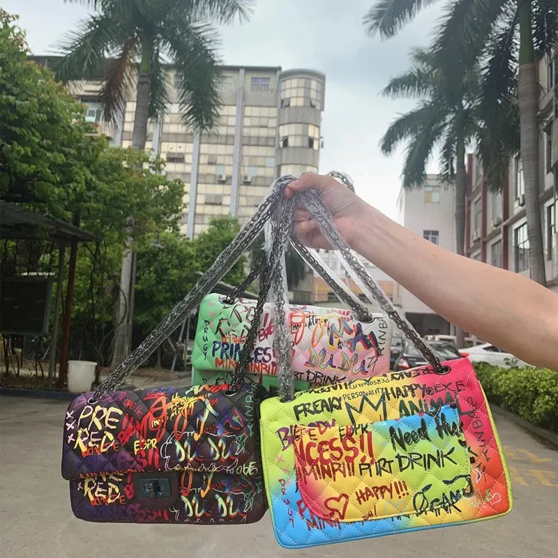 Ladies luxury Graffiti scribble rainbow chain handbag