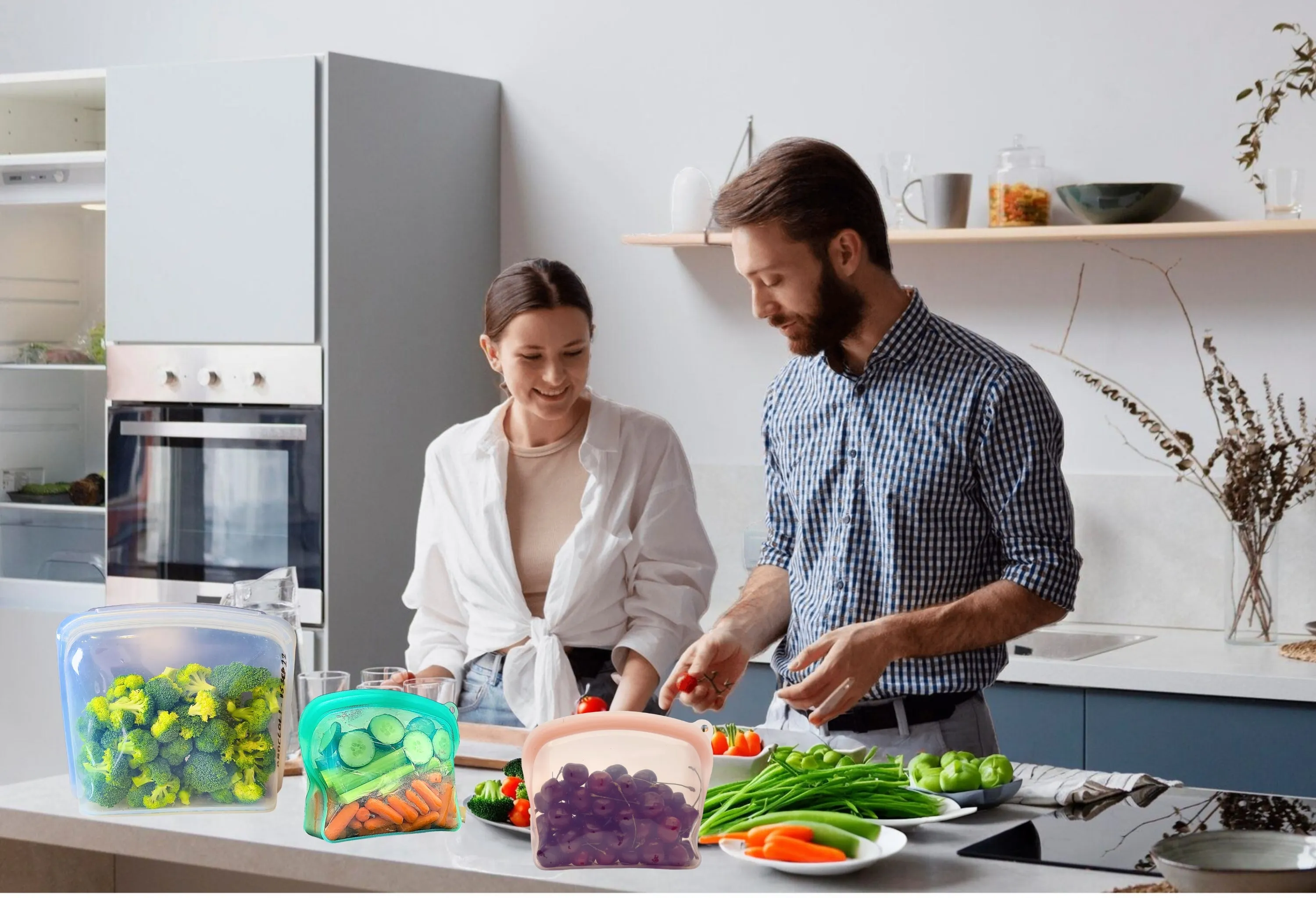 Large Reusable Silicone Bags for Fridge & Freezer - BPA-Free, Space-Saving, Easy Clean - Ditch Plastic Bags, Organize Kitchen