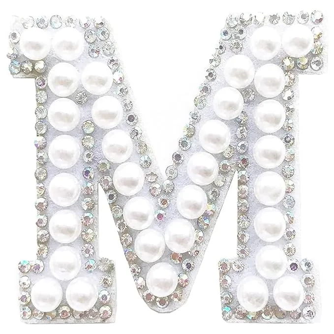 Letter M White Pearl Rhinestone Hot fix Or Sew Patch