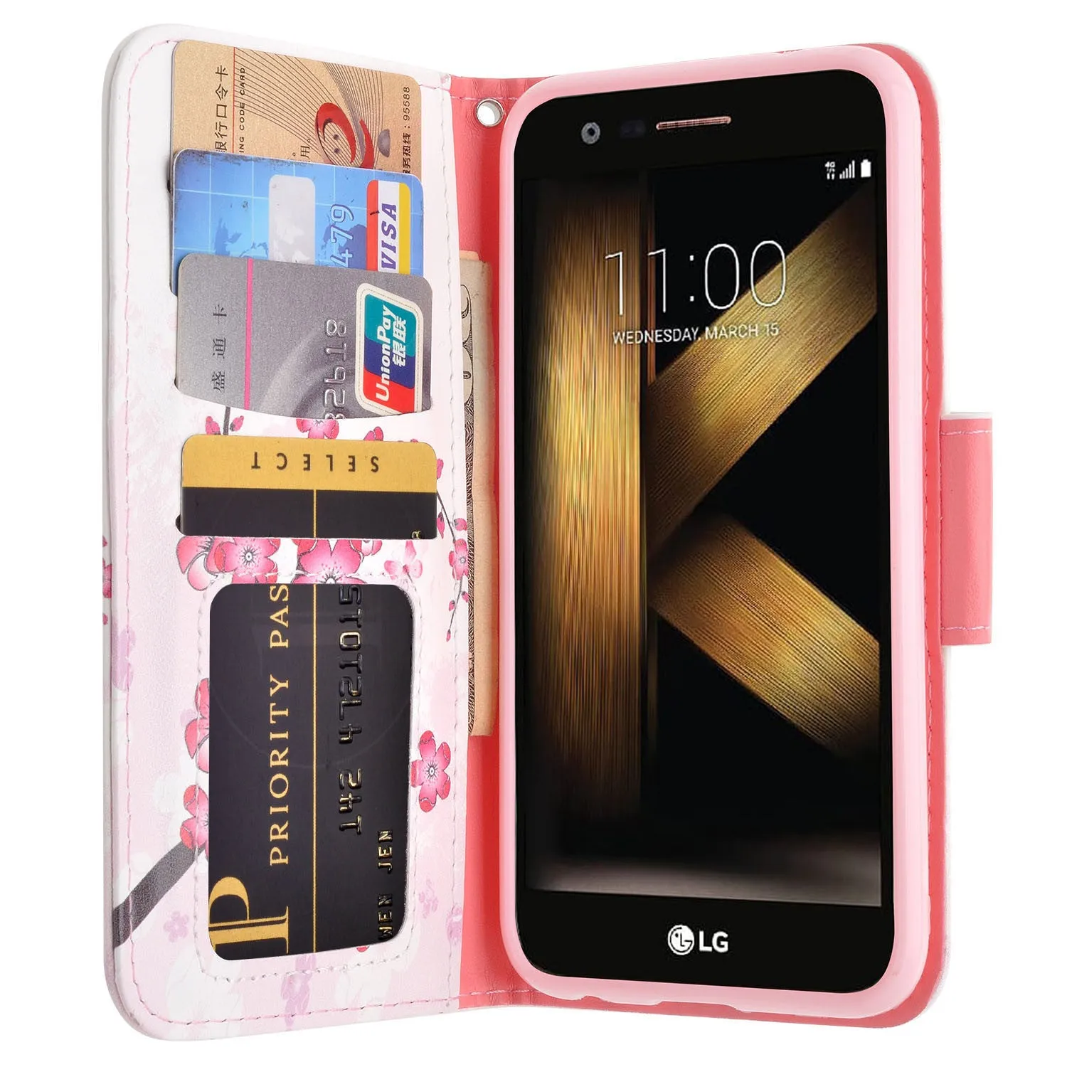 LG K20 Plus Case, LG K20 V, K10 2017 Wrist Strap Pu Leather Magnetic Flip Fold[Kickstand] Wallet Case with ID & Card Slots - Cherry Blossom