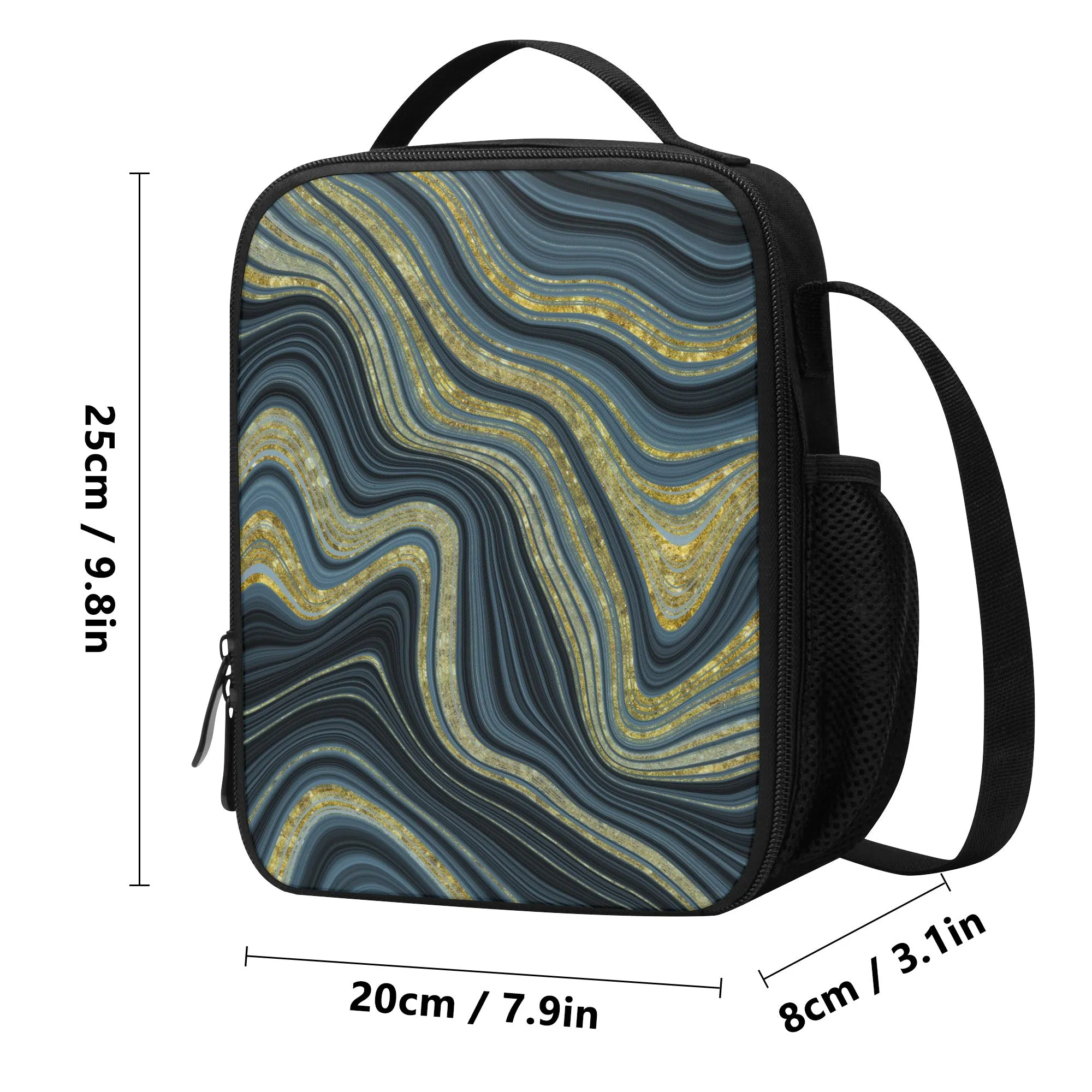 Lunch Bag-All-Over Print-Lunch Box Bag with Bottle Holder-Spacious-Blue Marble Print