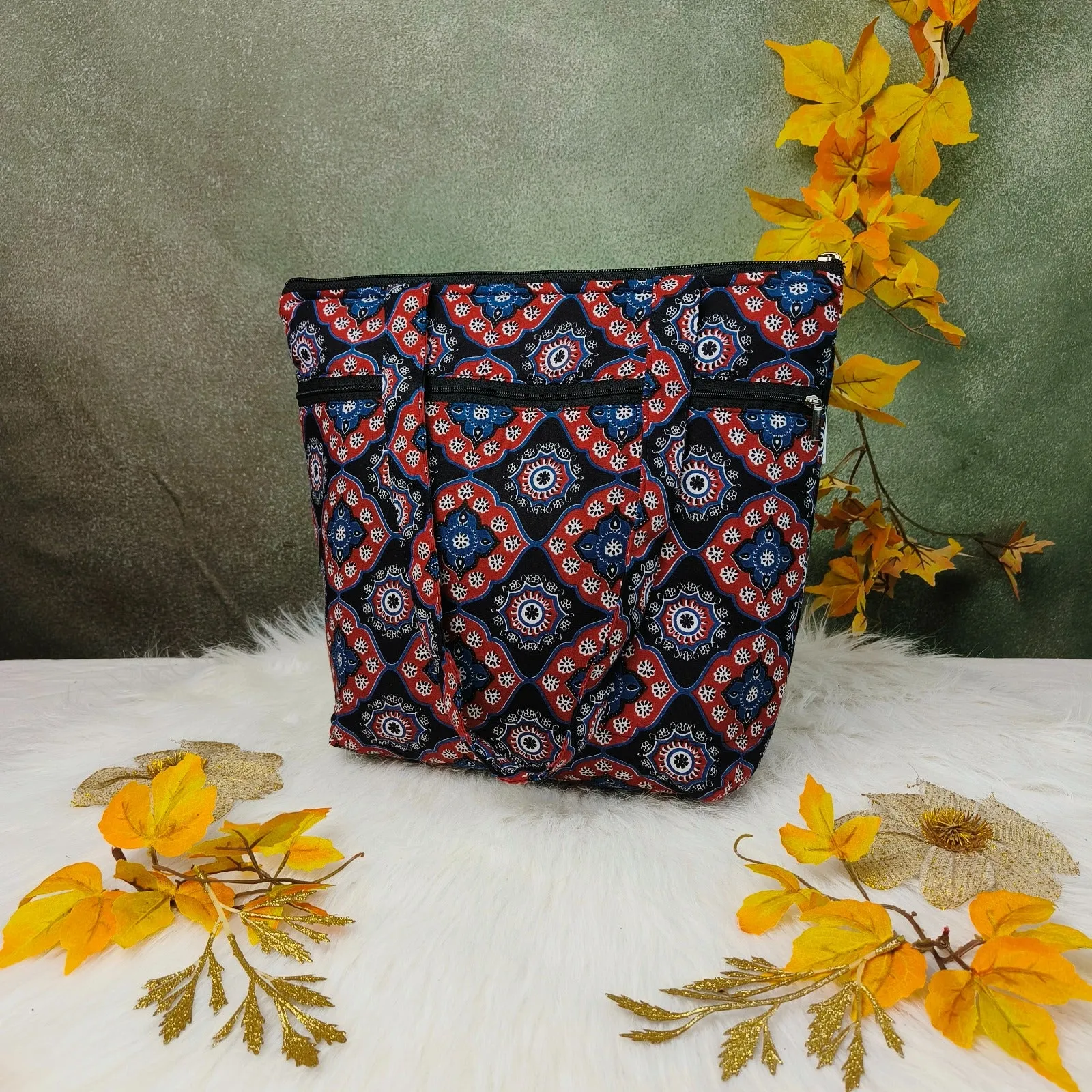 Medium Size Handbag Black with Indian Prints Design