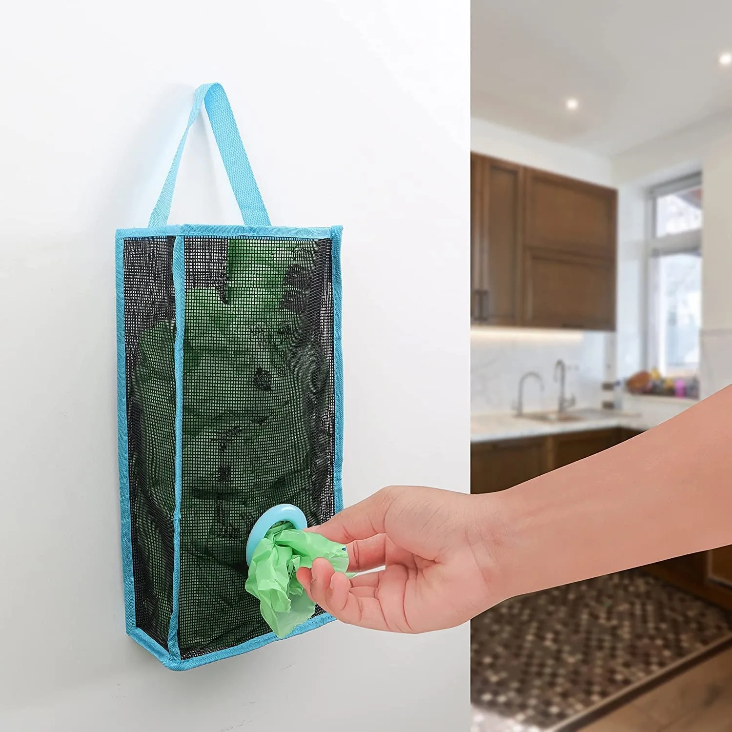 Mesh Reusable Net Hanging Breathable Garbage Grocery Shopping Cloth Bag Storage Dispenser Holder Pouch- Trash Bag Organizer for Kitchen Home