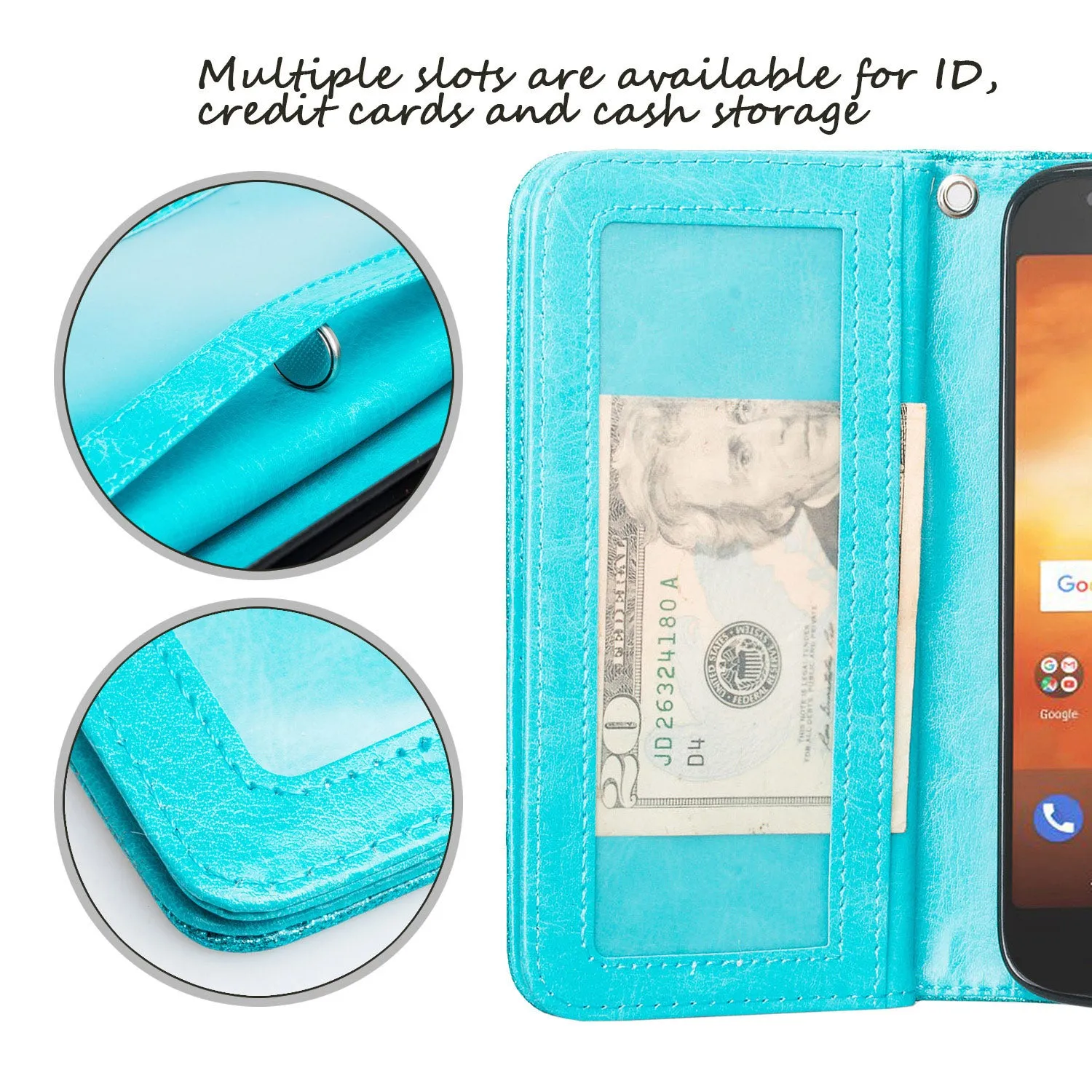 Motorola Moto E5 Plus , e5 Supra Case, [Wrist Strap] Glitter Faux Leather Flip [Kickstand Feature] Protective Wallet Case Cover Clutch - Teal